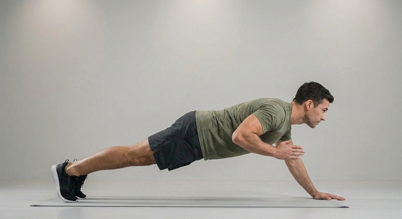 Athlete performing an archer push-up, weight shifted over one bent arm with the other arm straight out to the side