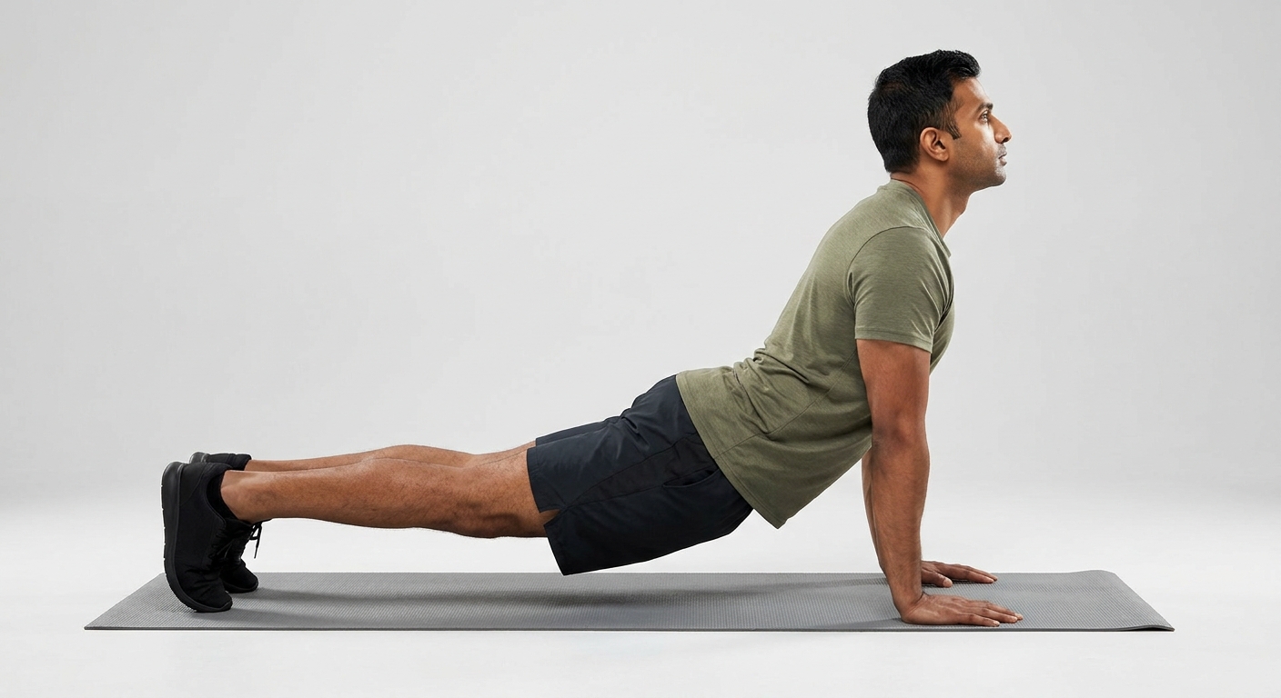 A person performing a Hindu push-up (dand), sweeping the chest low and forward through the arc