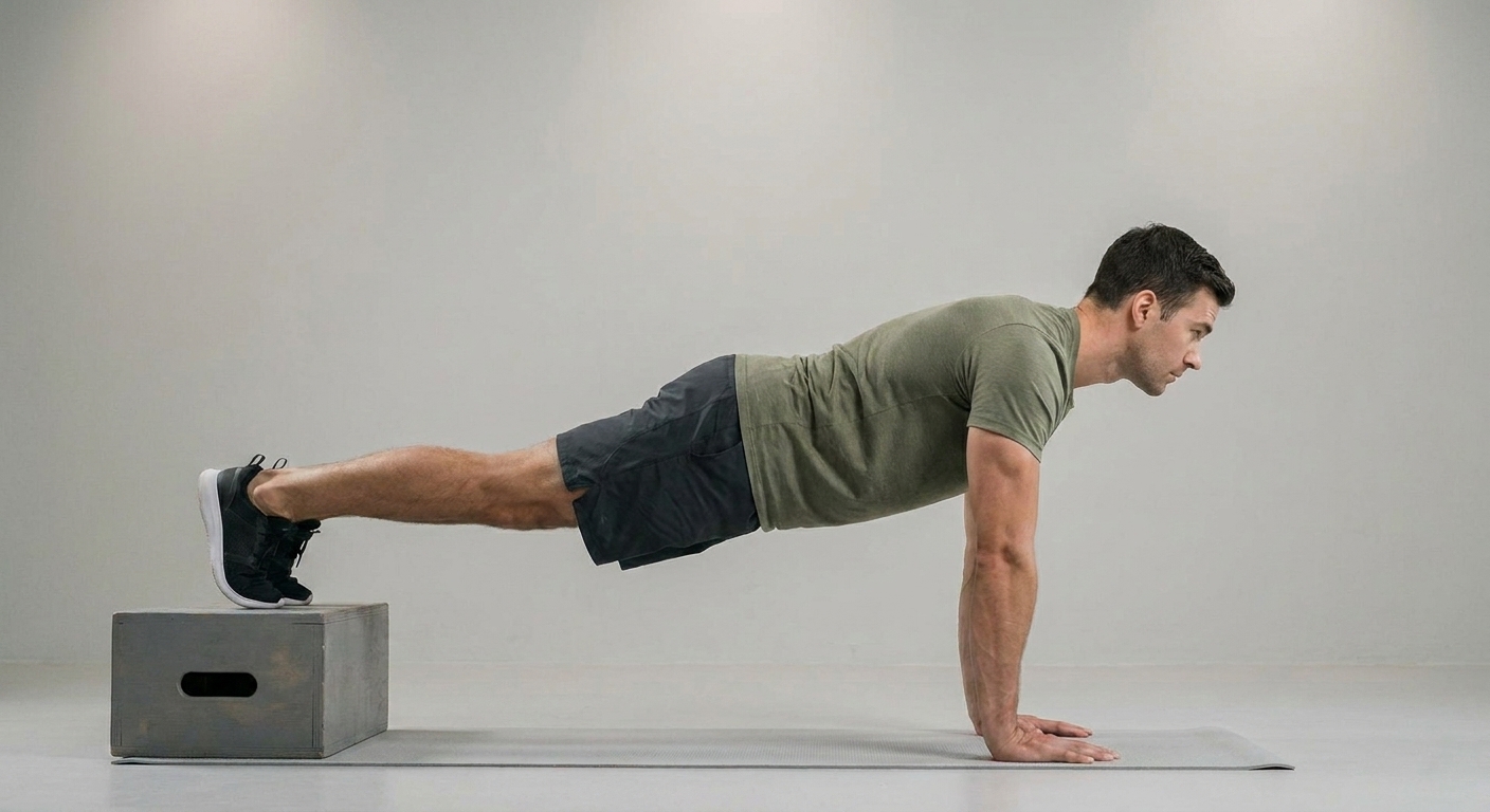 A person doing a decline push-up with feet raised on a low box and hands on the floor