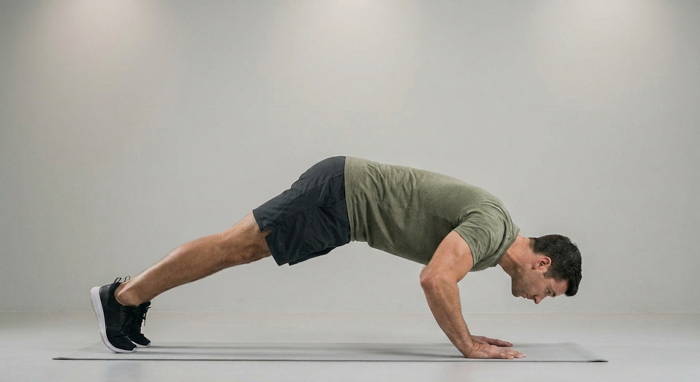 Athlete moving through a dive bomber push-up from an inverted V into upward dog