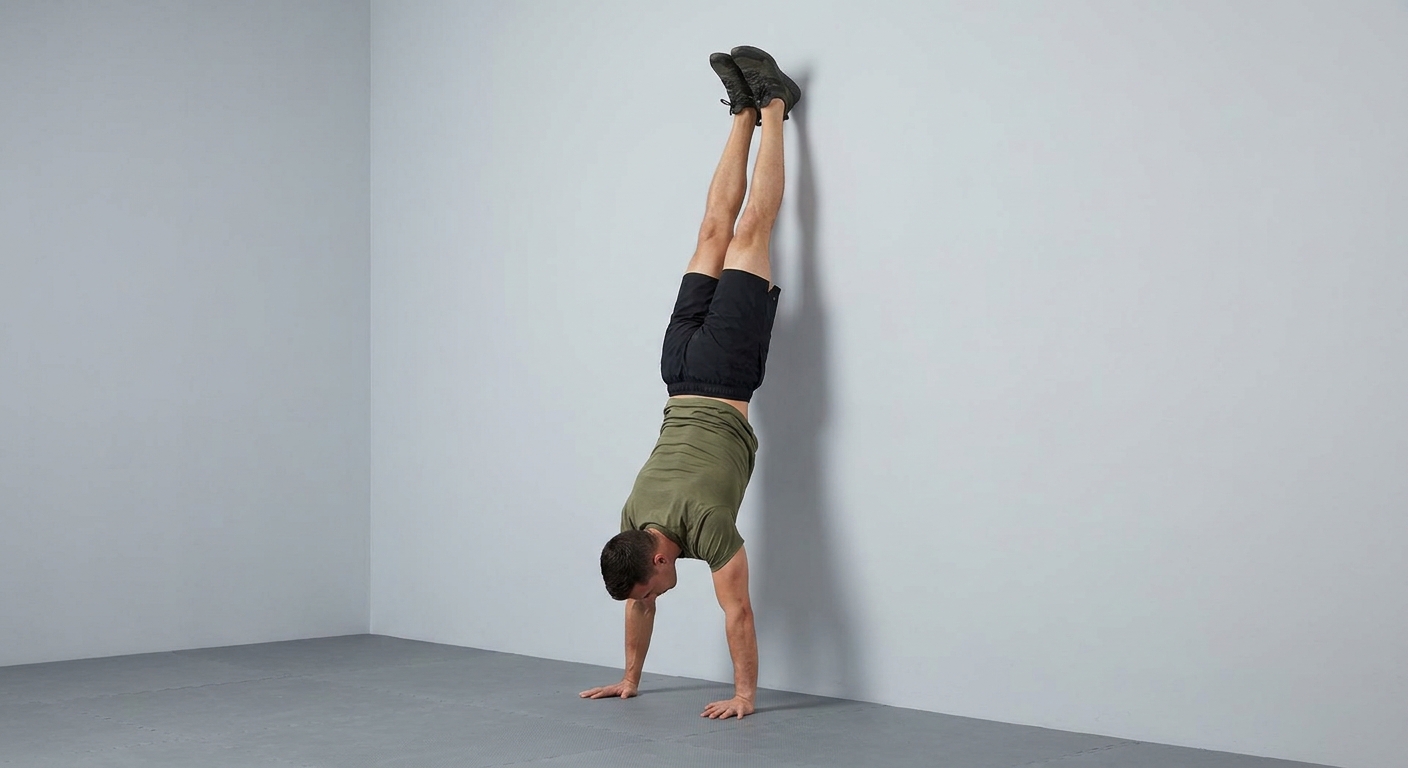 A person doing a handstand push-up against a wall, head lowering toward the floor