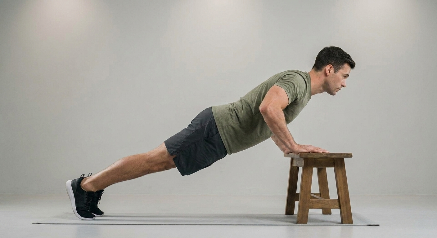 A person doing an incline push-up with hands on a sturdy bench, body kept in a straight line