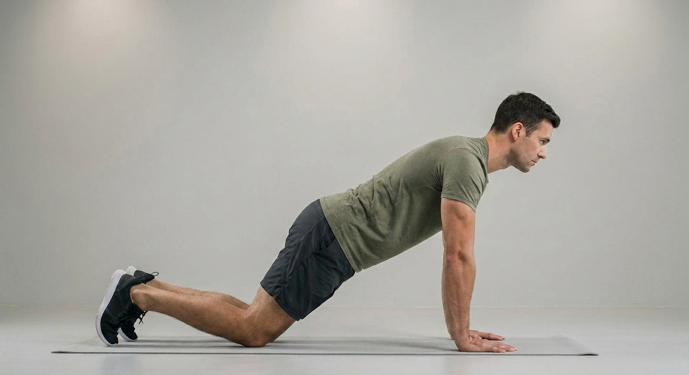 A person doing a knee push-up with knees on the floor, ankles crossed and lifted, and a straight line from head to knees.