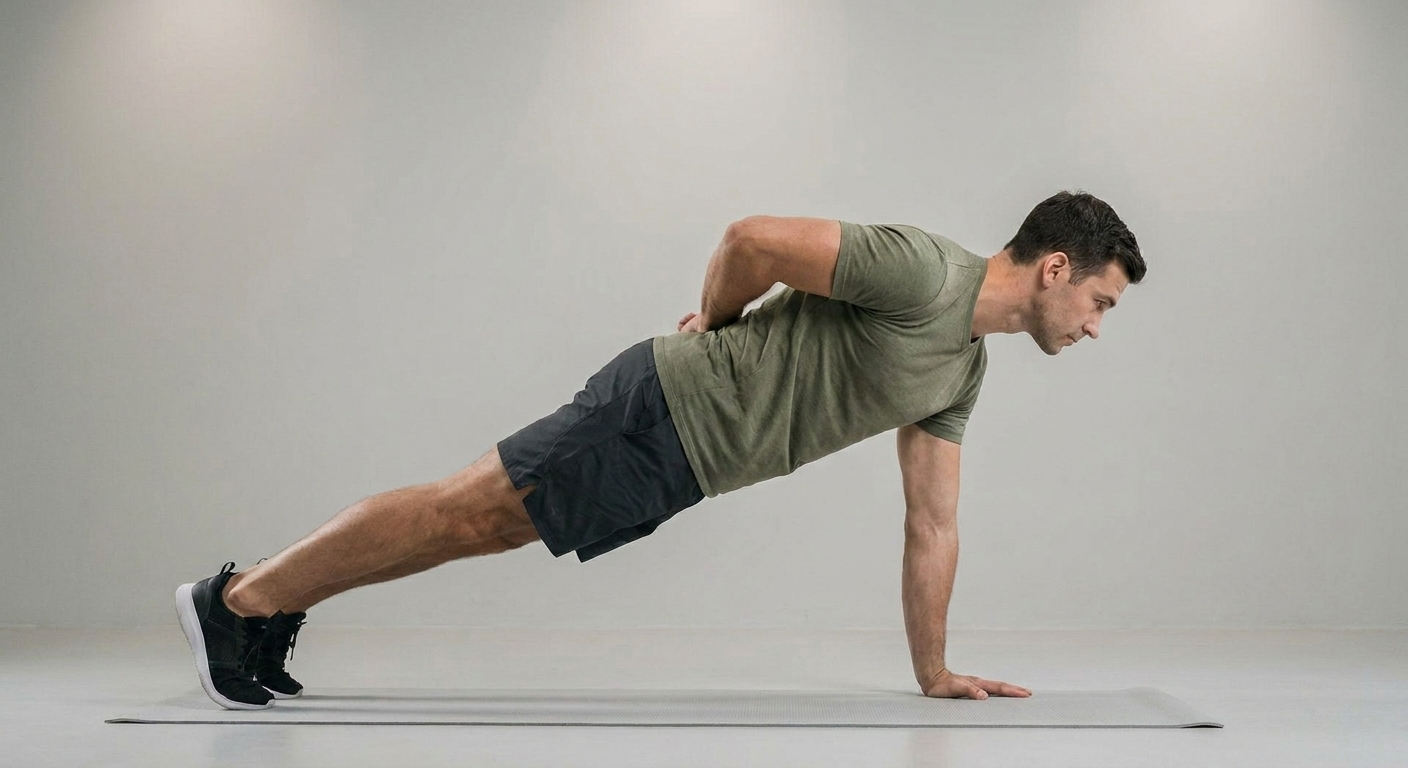 Athlete performing a one-arm push-up with feet spread wide, one hand on the floor and the free arm behind the back