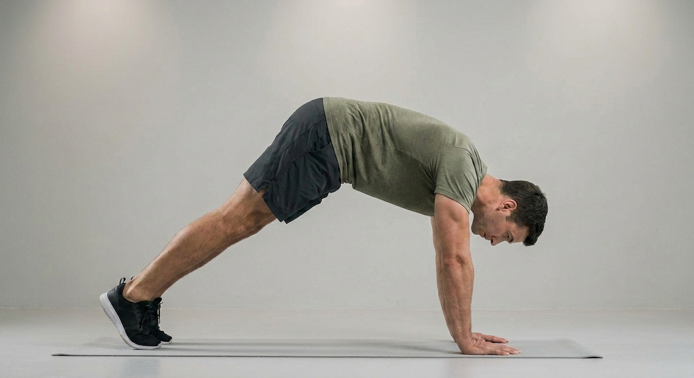 Athlete performing a pike push-up with hips raised high in an inverted V, lowering the head toward the floor