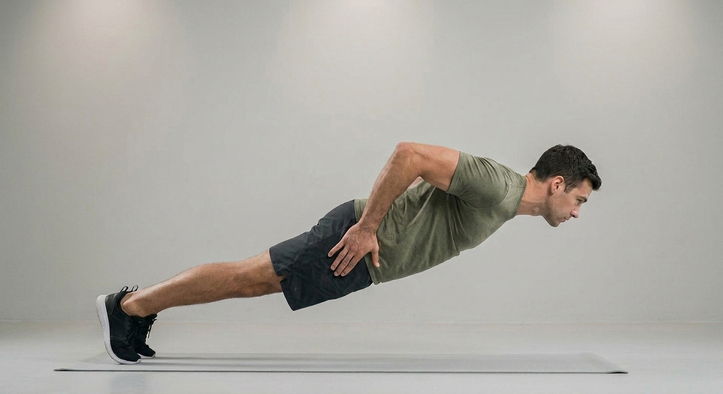 Athlete performing a pseudo planche push-up with hands by the hips and shoulders leaned forward