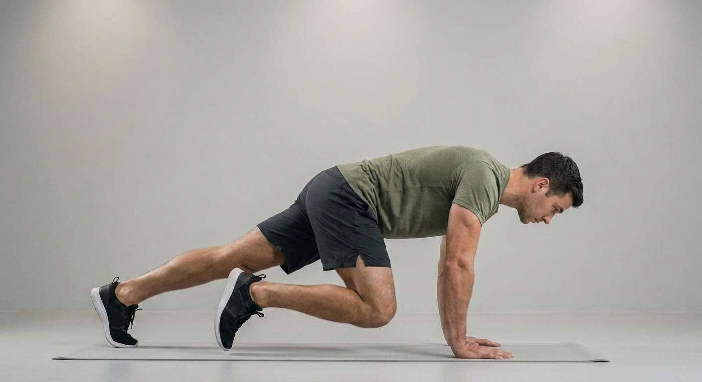 Athlete performing a spiderman push-up, driving one knee toward the same-side elbow