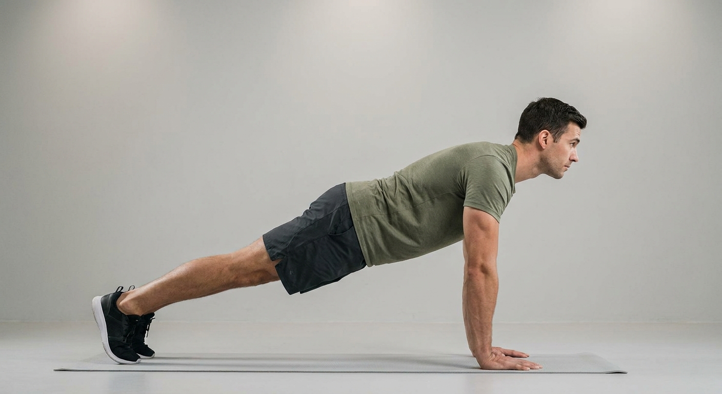 Person doing a standard push-up on the floor with a straight body and hands under the shoulders
