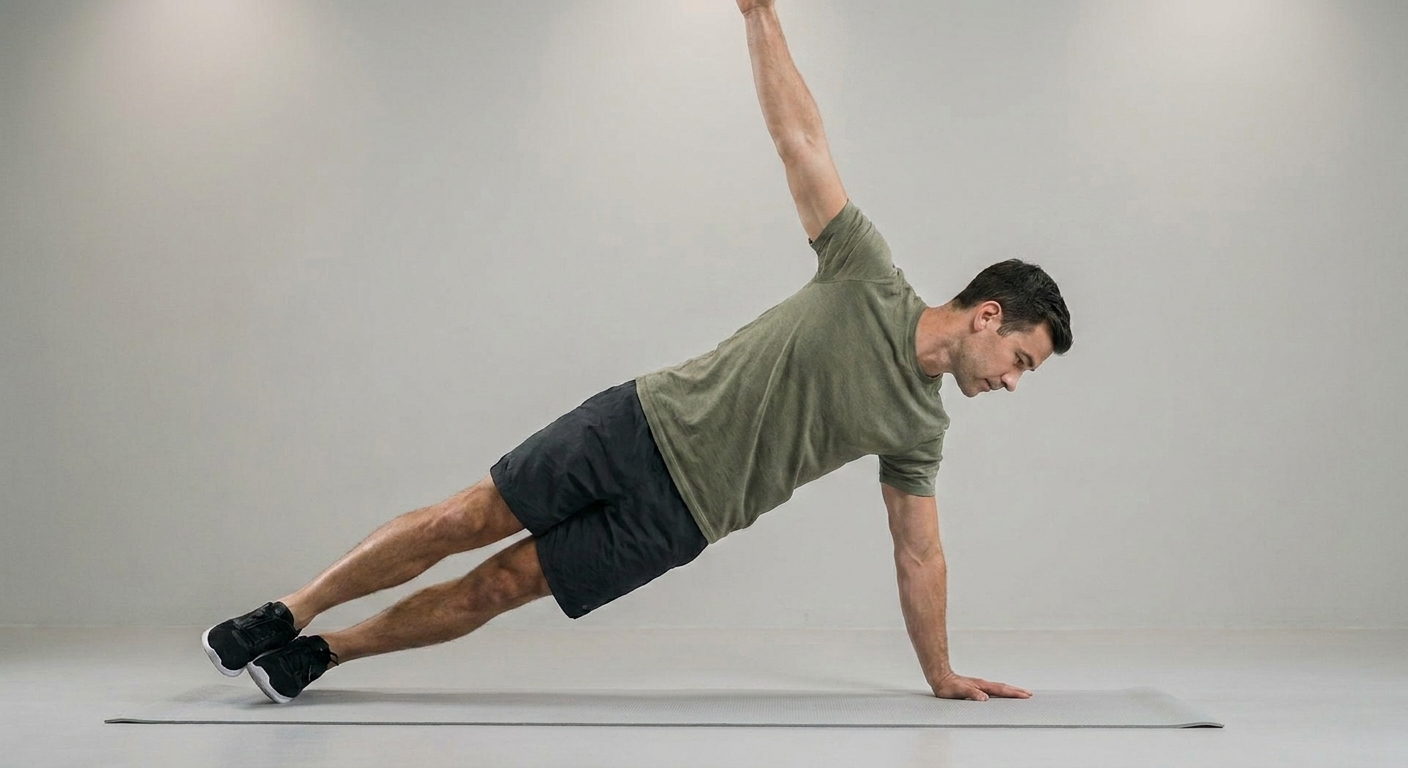 Athlete performing a T push-up, rotated into a side plank with the top arm reaching straight up to form a T shape