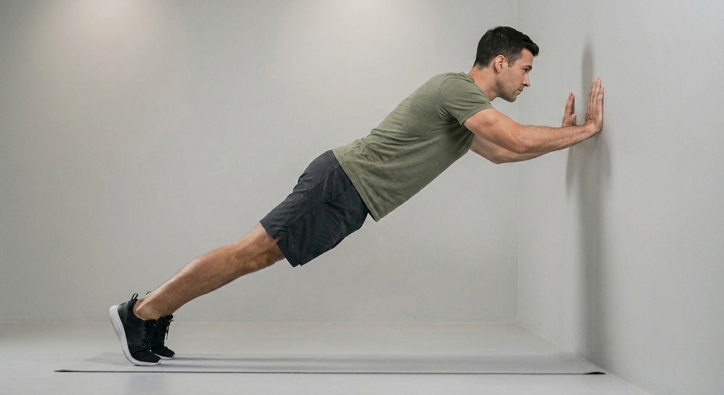 Person doing a wall push-up, leaning toward a wall with straight body and bent elbows